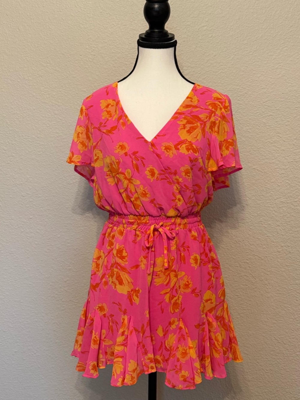 Sugar lips Pink Floral V-Neck Romper with Waist Tie -Size S